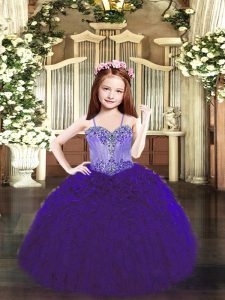 Organza Spaghetti Straps Sleeveless Lace Up Beading and Ruffles Pageant Dress Toddler in Purple