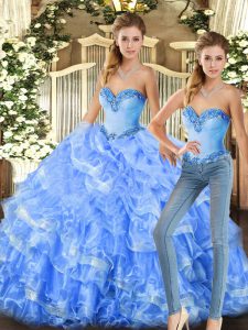 Sleeveless Floor Length Beading and Ruffles Lace Up Quince Ball Gowns with Baby Blue and Light Blue
