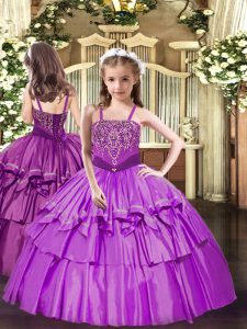 Beautiful Beading and Ruffled Layers Pageant Dress Toddler Lilac Lace Up Sleeveless Floor Length