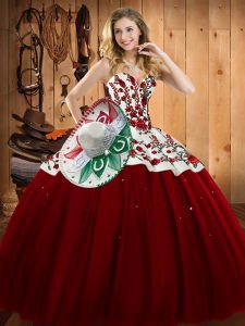 Classical Ball Gowns Sweet 16 Dress Wine Red Sweetheart Satin and Tulle Sleeveless Floor Length Lace Up