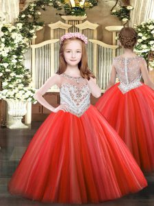 Sweet Coral Red Sleeveless Tulle Zipper Little Girl Pageant Dress for Party and Quinceanera
