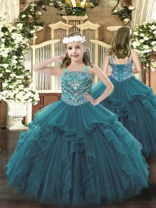 Teal Organza Lace Up Straps Sleeveless Floor Length Child Pageant Dress Beading and Ruffles