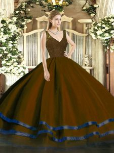 Sophisticated Brown Organza Backless Quinceanera Dresses Sleeveless Floor Length Beading and Lace and Ruffled Layers