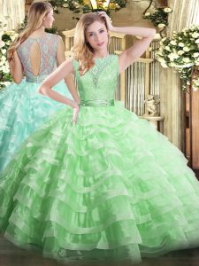 Apple Green Backless Quinceanera Dresses Lace and Ruffled Layers Sleeveless Floor Length