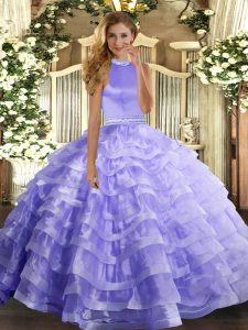 Lavender Halter Top Backless Beading and Ruffled Layers Vestidos de Quinceanera Sleeveless