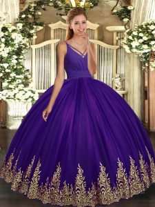 Sleeveless Floor Length Appliques Backless Ball Gown Prom Dress with Eggplant Purple