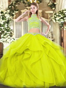 High-neck Sleeveless Tulle Quinceanera Gown Beading and Ruffles Backless