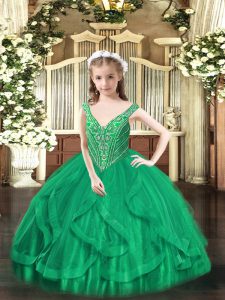 Best Sleeveless Lace Up Floor Length Beading and Ruffles Pageant Dress for Girls