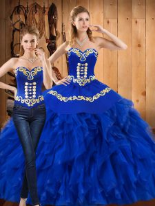 Blue Lace Up Sweetheart Embroidery and Ruffles Quinceanera Dress Satin and Organza Sleeveless