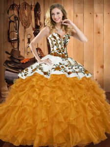 Sexy Gold Sleeveless Satin and Organza Lace Up Quinceanera Dress for Military Ball and Sweet 16 and Quinceanera
