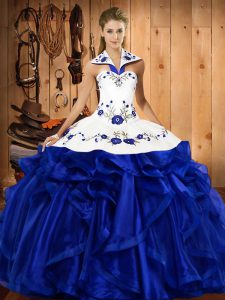 Fitting Floor Length Royal Blue Quinceanera Gowns Halter Top Sleeveless Lace Up