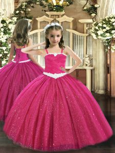 One Shoulder Sleeveless Child Pageant Dress Floor Length Appliques Hot Pink Tulle