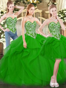 Best Selling Floor Length Lace Up Quinceanera Dresses Green for Military Ball and Sweet 16 and Quinceanera with Beading and Ruffles