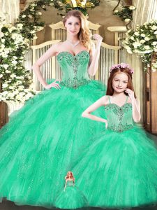 Eye-catching Sleeveless Floor Length Beading and Ruffles Lace Up Quinceanera Gown with Turquoise