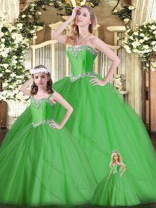 Sleeveless Tulle Floor Length Lace Up Quinceanera Dresses in Green with Beading