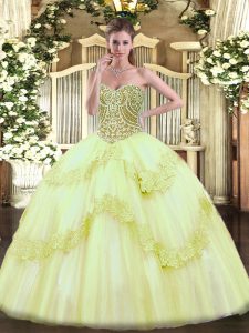 Yellow Green Lace Up Sweetheart Beading and Appliques Sweet 16 Dress Tulle Sleeveless