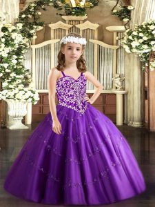 Perfect Floor Length Purple Pageant Gowns For Girls Straps Sleeveless Lace Up