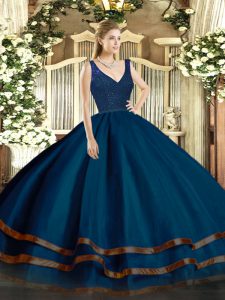 Floor Length Navy Blue Sweet 16 Dress Organza Sleeveless Beading and Lace and Ruffled Layers