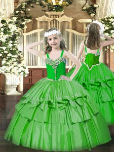 High Quality Green Organza Lace Up Little Girl Pageant Gowns Sleeveless Floor Length Beading and Ruffled Layers