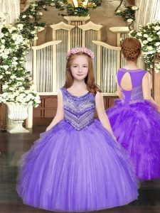 Sweet Floor Length Lavender Pageant Gowns Tulle Sleeveless Beading and Ruffles