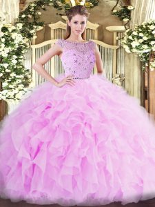 Most Popular Lilac Zipper Bateau Beading and Ruffles 15th Birthday Dress Tulle Sleeveless