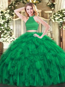 Best Halter Top Sleeveless Backless Quinceanera Dresses Green Organza