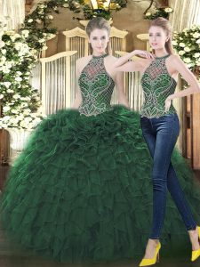Edgy Dark Green Sleeveless Organza Lace Up Quinceanera Dresses for Military Ball and Sweet 16 and Quinceanera