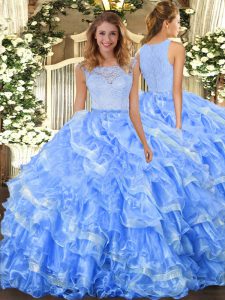 Ideal Light Blue Ball Gowns Organza Scoop Sleeveless Lace and Ruffled Layers Floor Length Clasp Handle Quinceanera Gowns