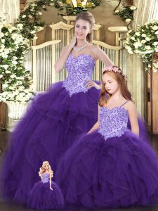 Fine Eggplant Purple Sleeveless Floor Length Beading and Ruffles Lace Up Quinceanera Dress