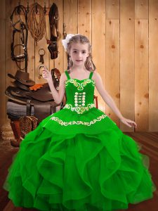 Green Lace Up Straps Embroidery and Ruffles Custom Made Pageant Dress Organza Sleeveless
