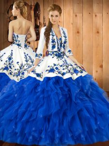 Blue Lace Up Sweet 16 Dress Embroidery and Ruffles Sleeveless Floor Length