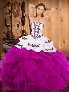 Fuchsia Satin and Organza Lace Up Sweet 16 Dress Sleeveless Floor Length Embroidery and Ruffles