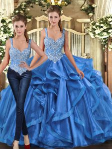 Cheap Blue Lace Up 15th Birthday Dress Beading and Ruffles Sleeveless Floor Length