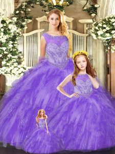 Charming Sleeveless Organza Floor Length Lace Up 15th Birthday Dress in Eggplant Purple with Beading and Ruffles