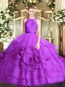 Shining Eggplant Purple Sleeveless Floor Length Lace Lace Up Sweet 16 Quinceanera Dress