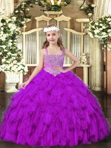 Stylish Purple Lace Up Child Pageant Dress Beading and Ruffles Sleeveless Floor Length