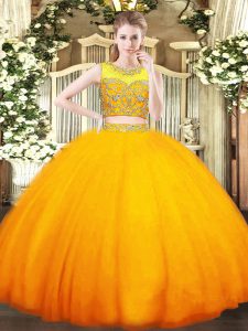 Floor Length Orange Quinceanera Gowns Tulle Sleeveless Beading