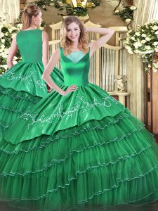 Turquoise Scoop Side Zipper Beading and Embroidery and Ruffled Layers Quinceanera Gown Sleeveless