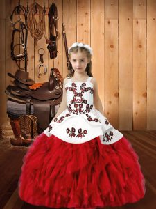 High End Floor Length Red Glitz Pageant Dress Organza Sleeveless Embroidery and Ruffles