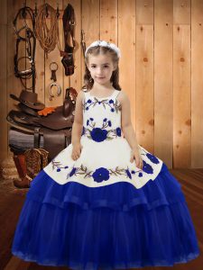 Hot Selling Sleeveless Floor Length Embroidery and Ruffled Layers Lace Up Little Girls Pageant Dress Wholesale with Royal Blue
