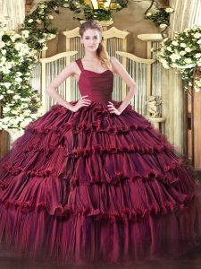 Edgy Organza Straps Sleeveless Zipper Ruffled Layers 15 Quinceanera Dress in Burgundy