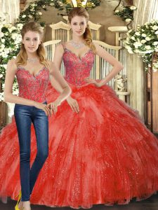 Floor Length Red Sweet 16 Quinceanera Dress Organza Sleeveless Beading and Ruffles