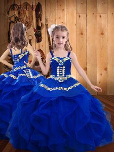 Royal Blue Organza Lace Up Straps Sleeveless Floor Length Little Girl Pageant Gowns Embroidery