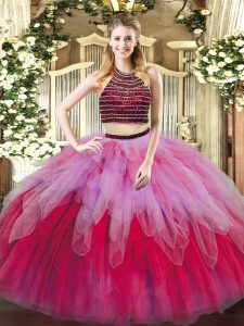 Cheap Sleeveless Floor Length Beading and Ruffles Lace Up Quinceanera Gown with Multi-color