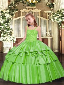 Perfect Yellow Green Sleeveless Floor Length Beading and Ruffled Layers Lace Up Pageant Gowns