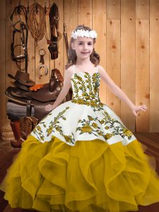 Gold Ball Gowns Organza Straps Sleeveless Embroidery and Ruffles Floor Length Lace Up Pageant Gowns For Girls