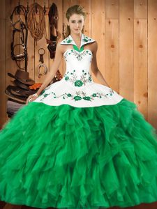 Green Sleeveless Embroidery and Ruffles Floor Length Sweet 16 Dress