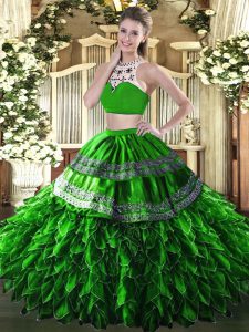 Green Sleeveless Tulle Backless Vestidos de Quinceanera for Military Ball and Sweet 16 and Quinceanera