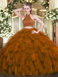 Affordable Brown Quinceanera Gown Military Ball and Sweet 16 and Quinceanera with Beading and Ruffles Halter Top Sleeveless Backless
