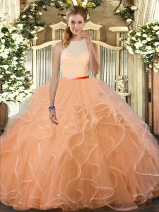 Noble Peach Tulle Backless 15th Birthday Dress Sleeveless Floor Length Ruffles